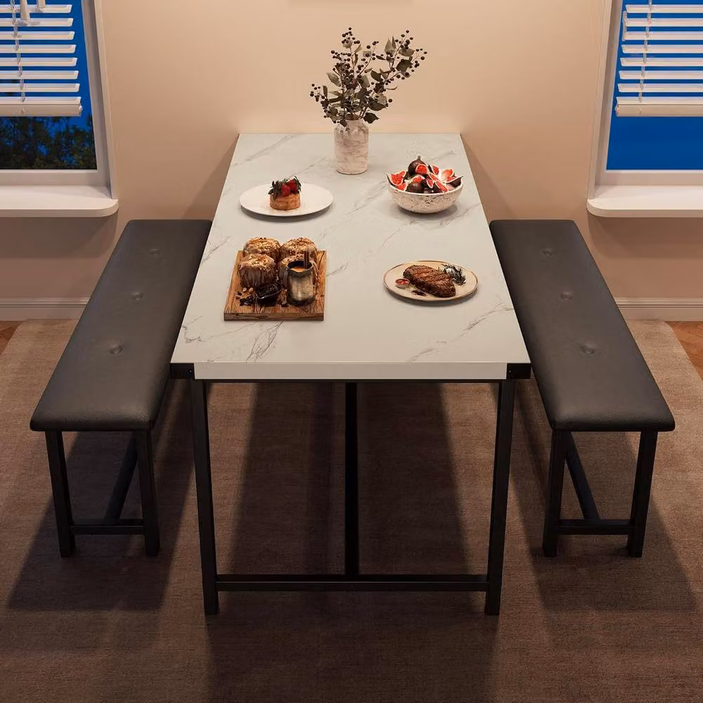 London Boutique 3-Piece Dining Set with Rectangular Table and 2 Upholstered Benches in White – 4