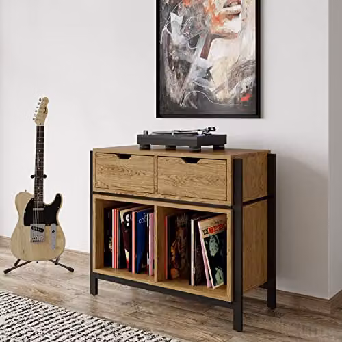 Alphason Louisiana Plus Turntable Stand in Oak Brown and Black, W/D/H: 42.38 x 40.0 x 76.2 cm – 1