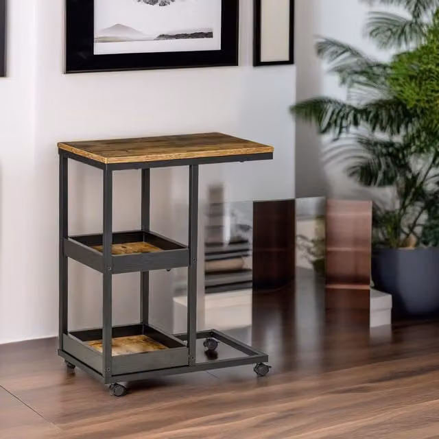 Pirlo Plush Industrial 3-Tier C Shaped Side Table with Wheels in Brown, H: 66 cm, W: 33 cm, D: 51 cm – 1