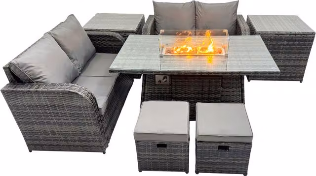 Fimous 6-Seater Patio Gas Firepit Dining Set in Dark Grey Mixed with 2 Side Tables and 2 Stools