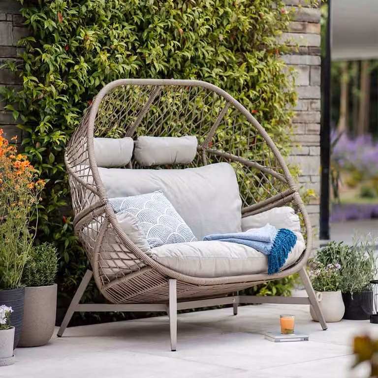 Atkin & Thyme Lauren Double Cocoon Chair in Sand and Beige with Rattan and Metal Details