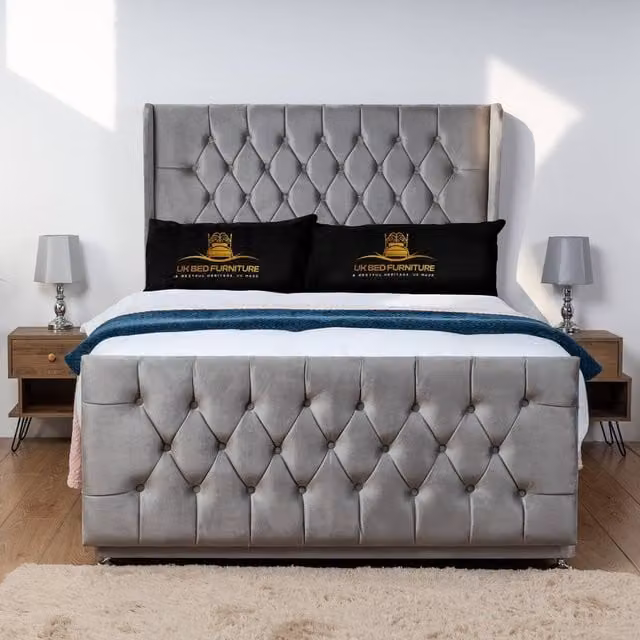 UK Bed Furniture Balamore Wingback Divan Bed Base with 54 Inch Headboard in Grey Velvet, Double Size, W/D/H: 140 x 200 cm