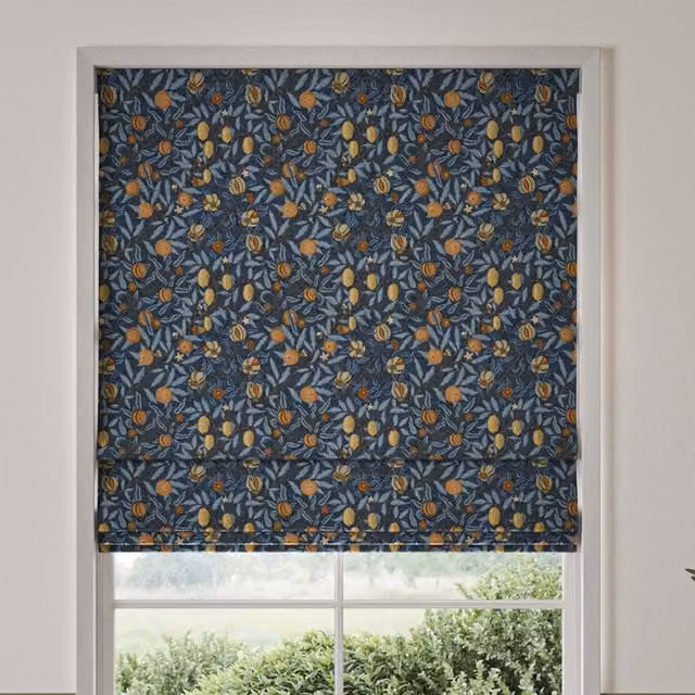 William Morris Fruit Velvet Made To Measure Roman Blind in Midnight Blue Floral Pattern
