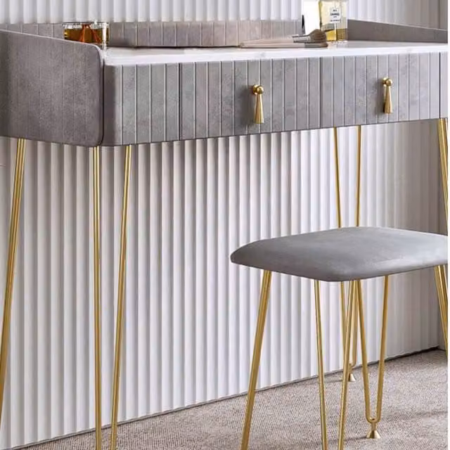 CARME Tokyo Glow Velvet Dressing Table with Velvet Stool in Grey, White and Gold