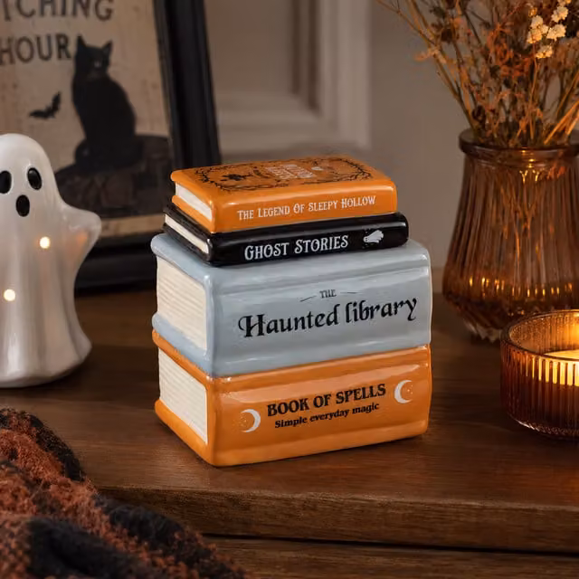 Marco Paul Haunted Library Book Stack Ceramic Oil and Wax Tealight Burner, Multicoloured