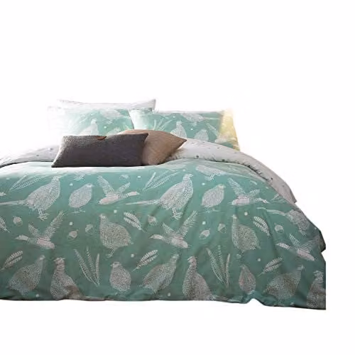 Creative Cloth Moorland Birds Reversible Polycotton Duvet Set, Green and White, W: 140 cm, L: 200 cm – 1