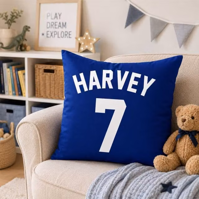 60 SECOND MAKEOVER Personalised Football Cushion Cover, Blue, W/D/H: 40.64 x 40.64 x 40.64 cm