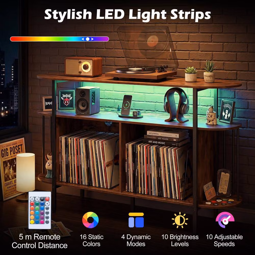 Gymax 3-Tier Brown Vinyl Cabinet and Record Player Stand with Integrated Lighting and Media Compartments – 6
