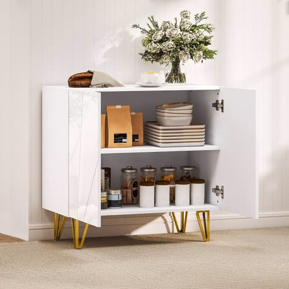 STILVORA Modern Glossy White Sideboard Storage with Adjustable Shelf and Gold Accents – 2