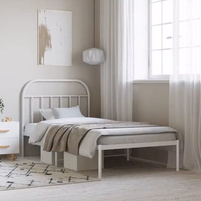 Berkfield Home Metal Bed Frame with Headboard, White, W/D/H: 100 x 200 cm