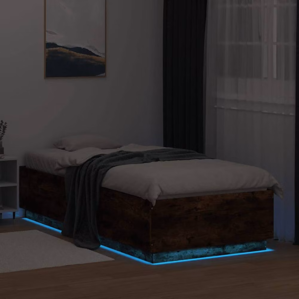Berkfield Home Durable Bed Frame with Under-Bed LED Lighting in Smoked Oak Brown, W/D/H: 100 x 200 cm – 4
