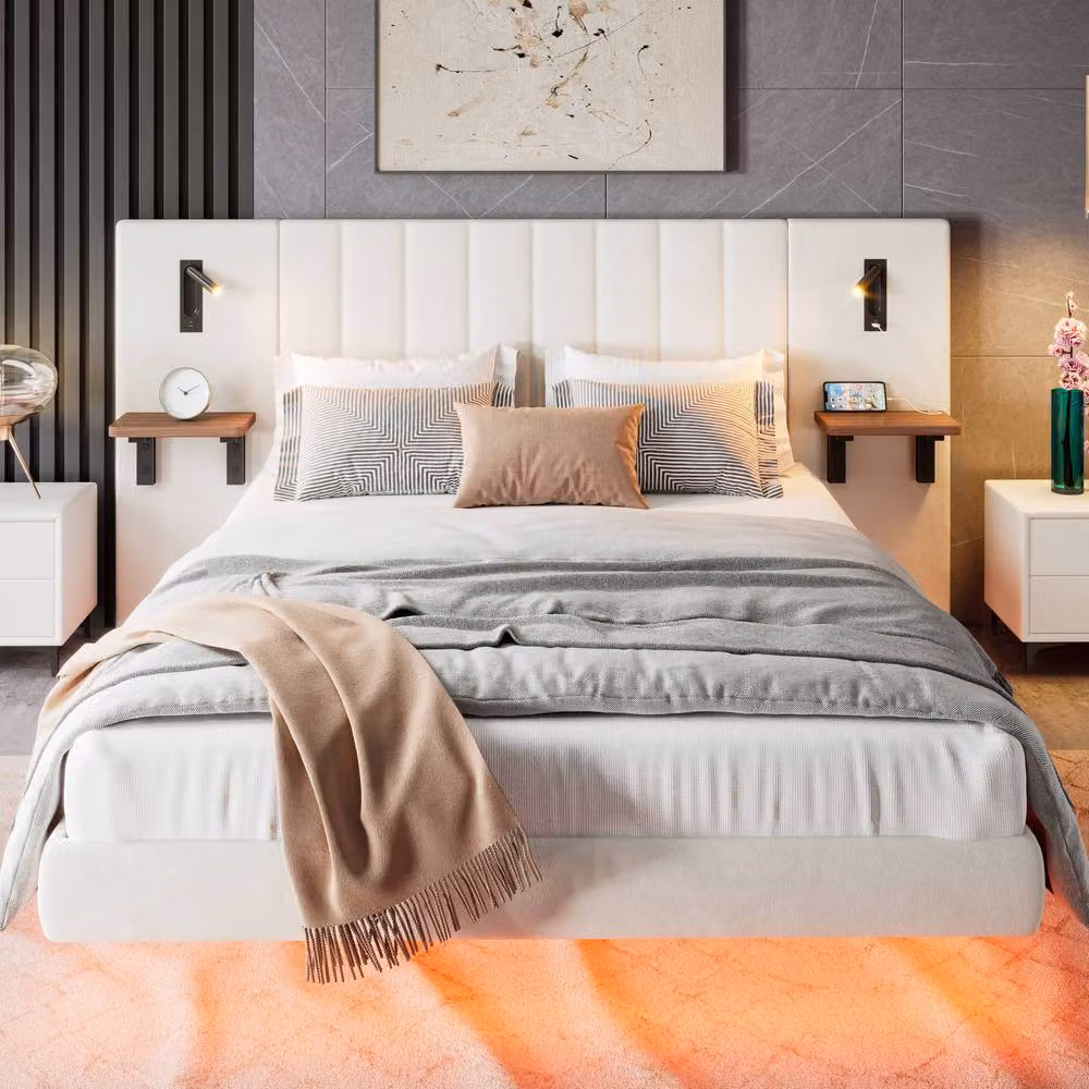 ModernLuxe White Velvet Upholstered King Bed with LED Lighting, USB Charging Ports and Storage Headboard W/D/H: 150 x 200 x 103 cm – 3