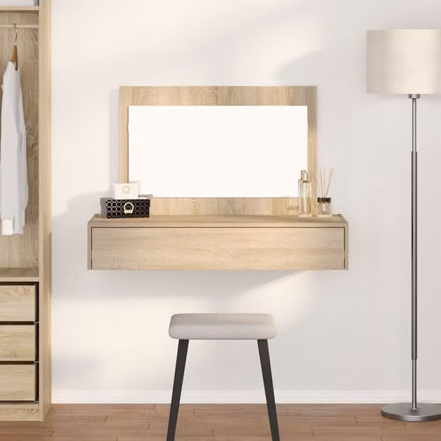 Berkfield Home Wall Hanging Dressing Table in Sonoma Oak and Beige, W/D/H: 100 x 40 x 70 cm – 1