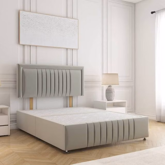 BSSPOKE Lily Plush Velvet Divan Bed with 24 inch Headboard in Silver, Single W/D/H: 90 x 190 cm