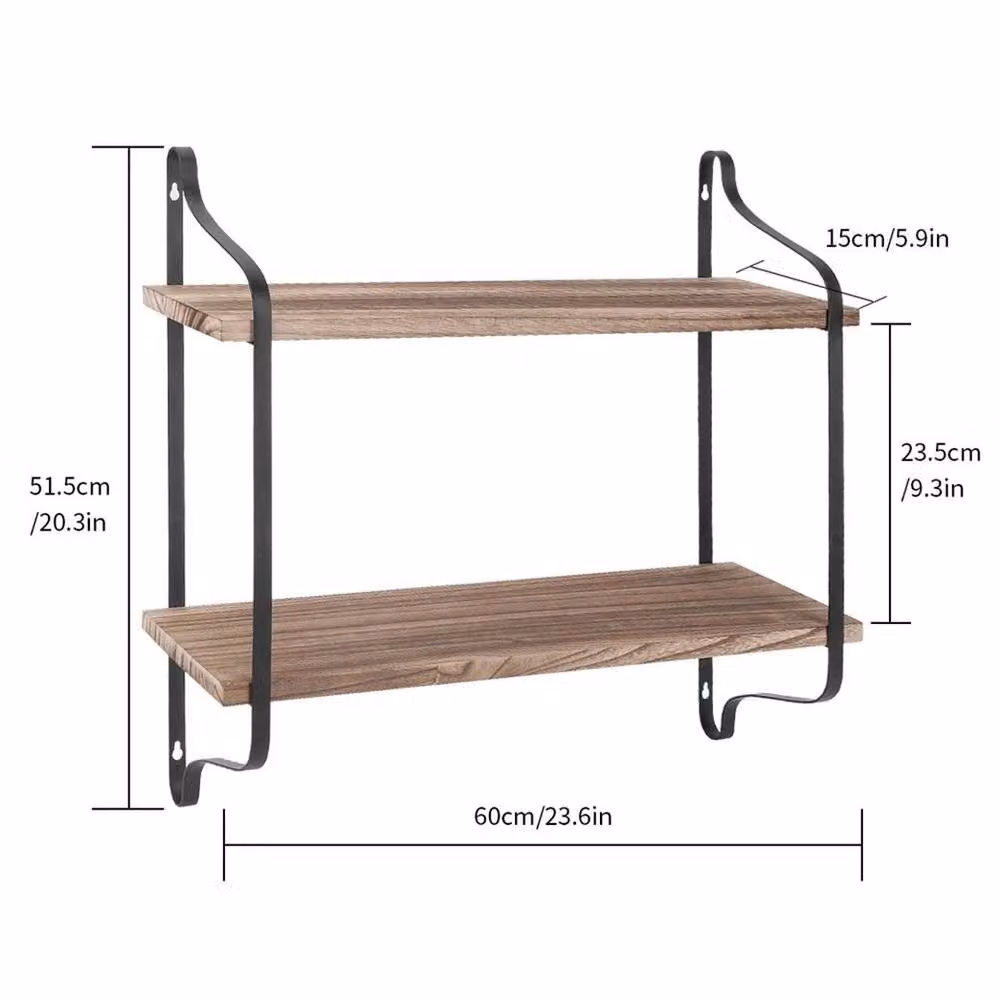 EONLION 2-Tier Rustic Wood and Metal Wall Mounted Hanging Shelves with Rod, Brown, W: 50 cm – 2