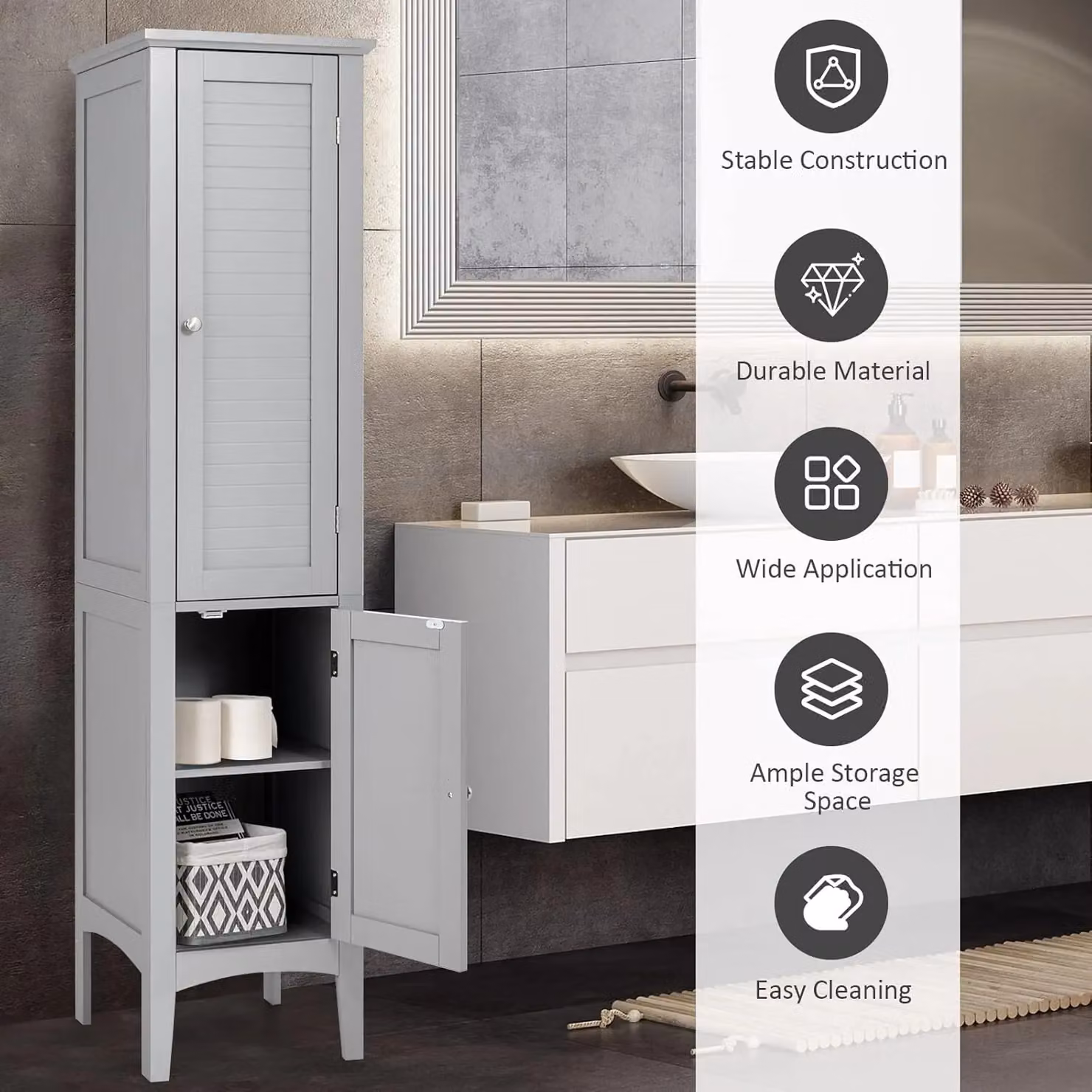 Gymax Grey 5-Tier Tall Bathroom Cabinet with Hinged Doors and Internal Shelves – 3