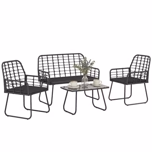 Outsunny 4 Piece Rattan Garden Furniture Set in Black with Upholstered Cushions and Powder Coated Steel Frame