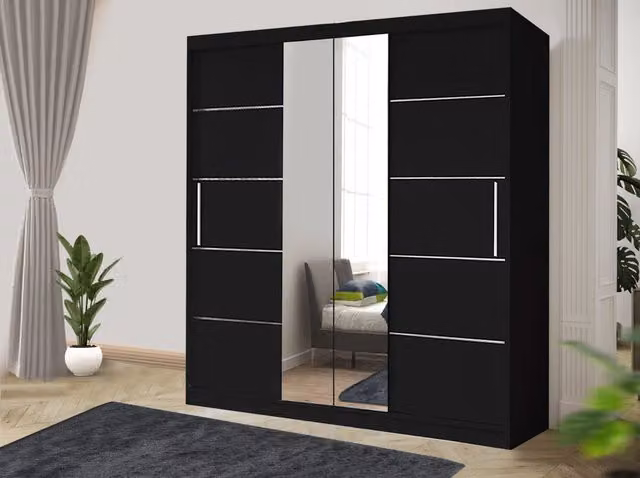 RAC3 Oslo Modern White and Black Sliding Bedroom Wardrobe with Mirror and Drawers, W: 150 cm