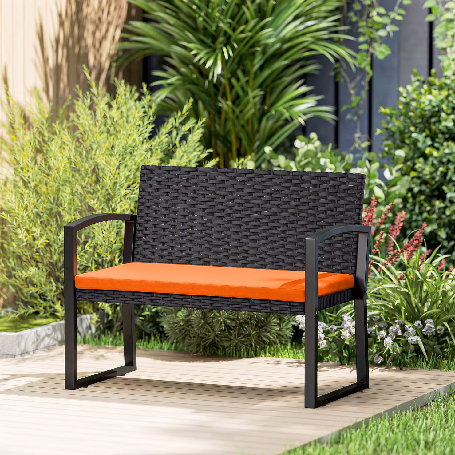 Outsunny Two-Seater Rattan Garden Bench with Armrests in Orange – 9