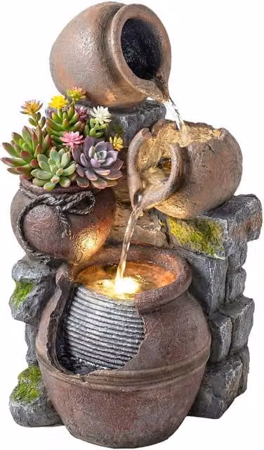 Nordara 4-Tier Brown Stone Cascade Outdoor Garden Water Fountain with LED Lights, W/D/H: 60 x 60 x 100 cm