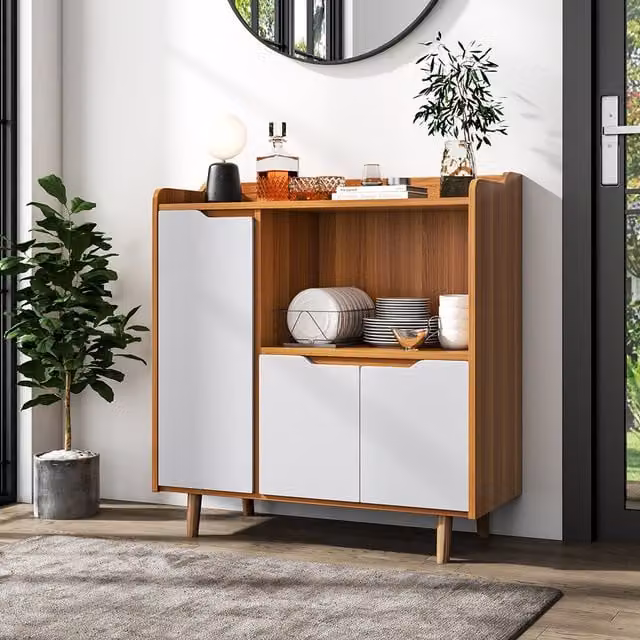 Livingandhome Mid-Century Freestanding Wooden Kitchen Cabinet with Hinged Doors and Pine Legs in White and Brown