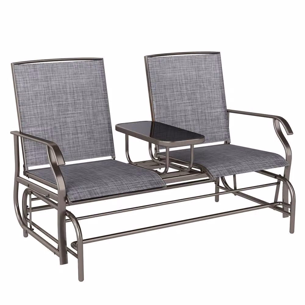 Wyld Haus Mukatti Brown Metal 2 Seater Garden Glider Bench with Glass Top Centre Table – 2