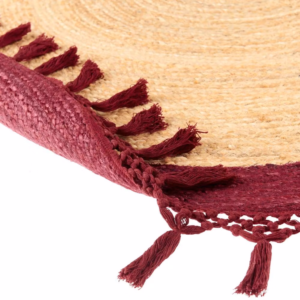 Wyld and Coco Round Jute and Cotton Braided Boho Rug in Beige and Red with Spiral Design, Diameter: 200 cm – 5