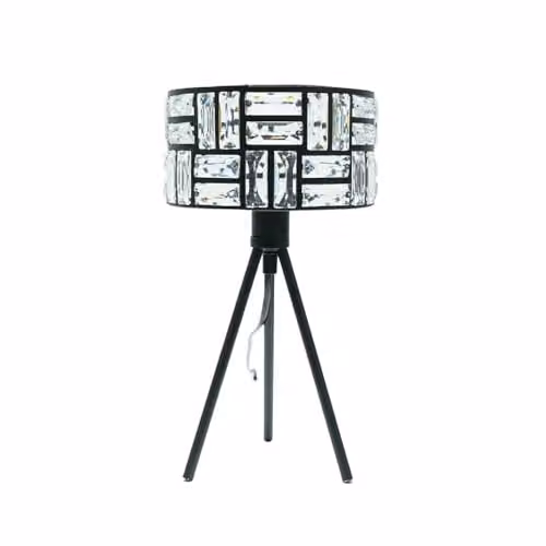 ValueLights Black Tripod Table Lamp with Transparent Acrylic Jewel Drum Lampshade and Included LED Bulb – 1