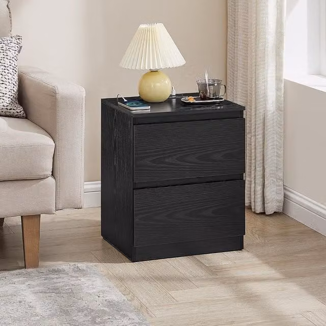 VASAGLE Modern Bedside Table with Charging Station and 2 Drawers in Black