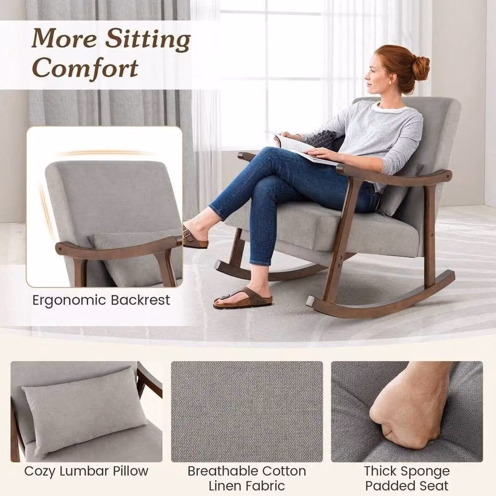 KORVIXA Grey Upholstered Wooden Rocking Armchair with Rubberwood Armrests – 5