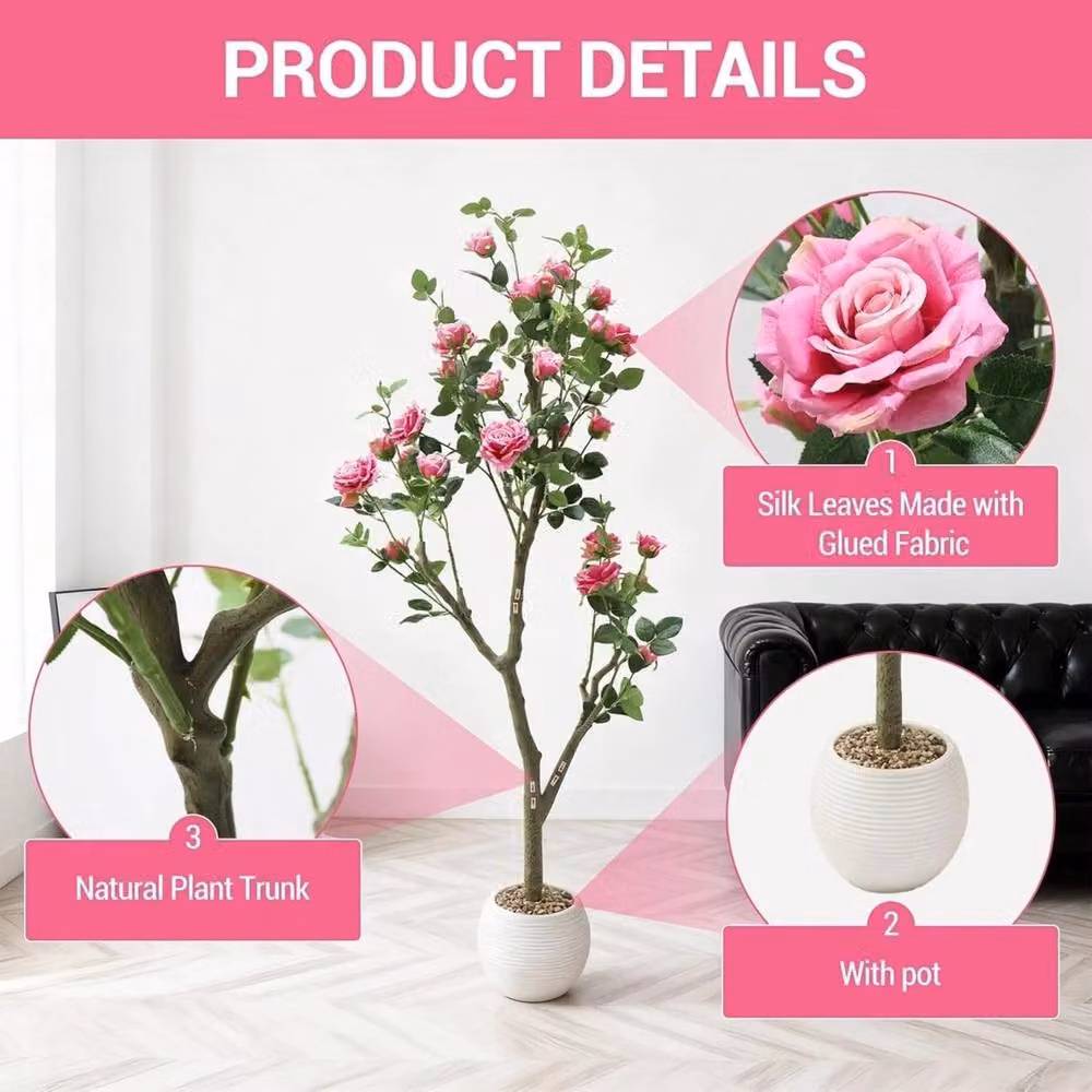 VOGREX 15cm Artificial Rose Tree with White Striped Pink and Multicolour Faux Blooming Flowers – 4