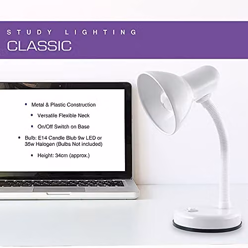 HOMELIFE Classic Flexi Desk Lamp in White with Adjustable Neck and Integral Switch, Height: 34 cm – 2
