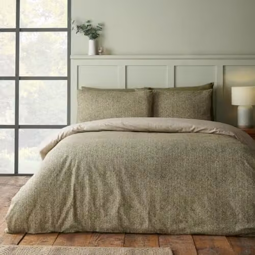 Catherine Lansfield Reversible Brushed Herringbone Cotton Duvet Cover and Pillowcase Set, Green, W/H: 200 x 200 cm, Pillowcase: 50 x 75 cm