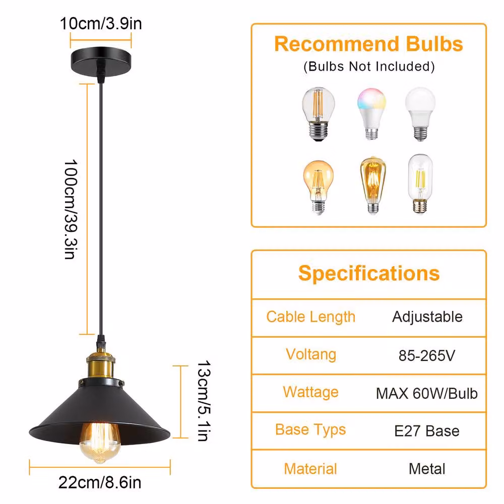 Goeco Vintage Industrial Metal Pendant Light in Black and Gold/Brass with E27 Fitting – 2