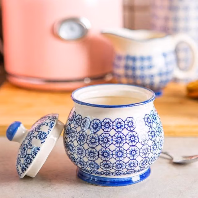 Nicola Spring Hand-Printed Sugar Bowls in Blue, Diameter: 10 cm, Set of 3