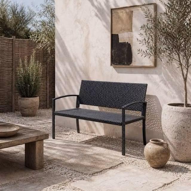 Wyld Haus Vasu Black Rattan 2 Seater Outdoor Garden Bench with Armrests – 1