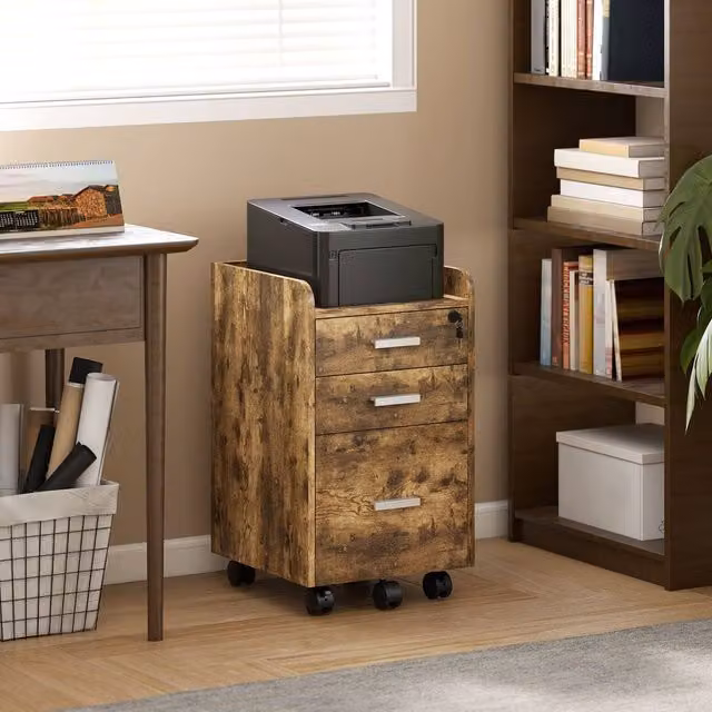 HOMCOM Lockable Mobile Filing Cabinet in Rustic Brown – 1