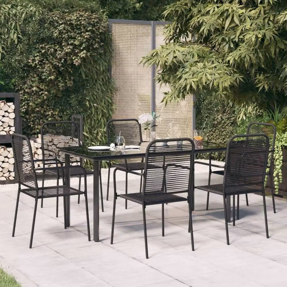 Berkfield Home 7 Piece Modern Garden Dining Set in Black with Powder Coated Steel and Glass – 2