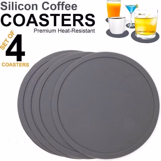 ATEK Non-Slip Round Silicone Coasters in Grey, Set of 4