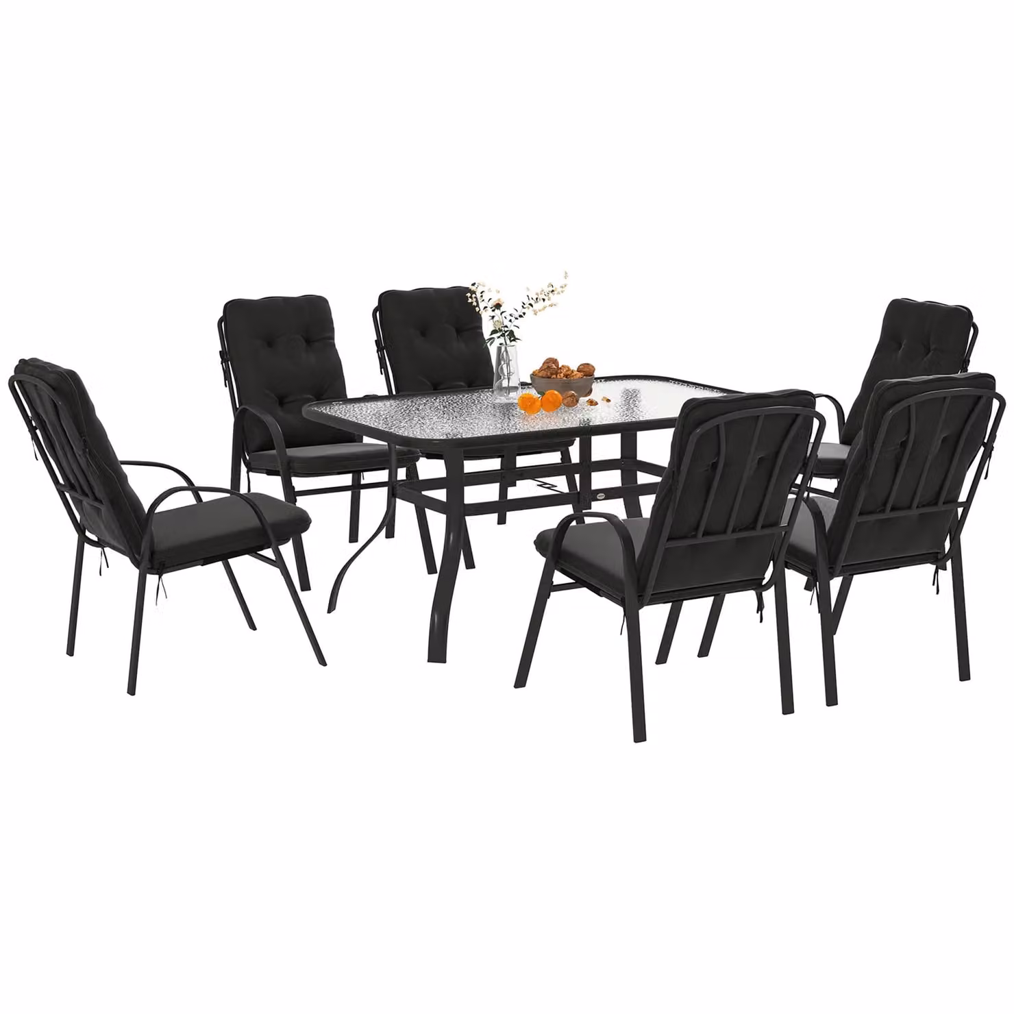 OUTSUNNY 7 Piece Modern Garden Dining Set with Glass Table and Cushions, Black – 2