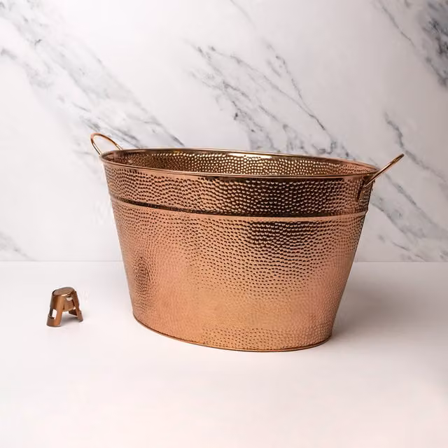 BarCraft 2-Piece Champagne Ice Bucket and Bottle Stopper Set in Copper with Hammered Finish