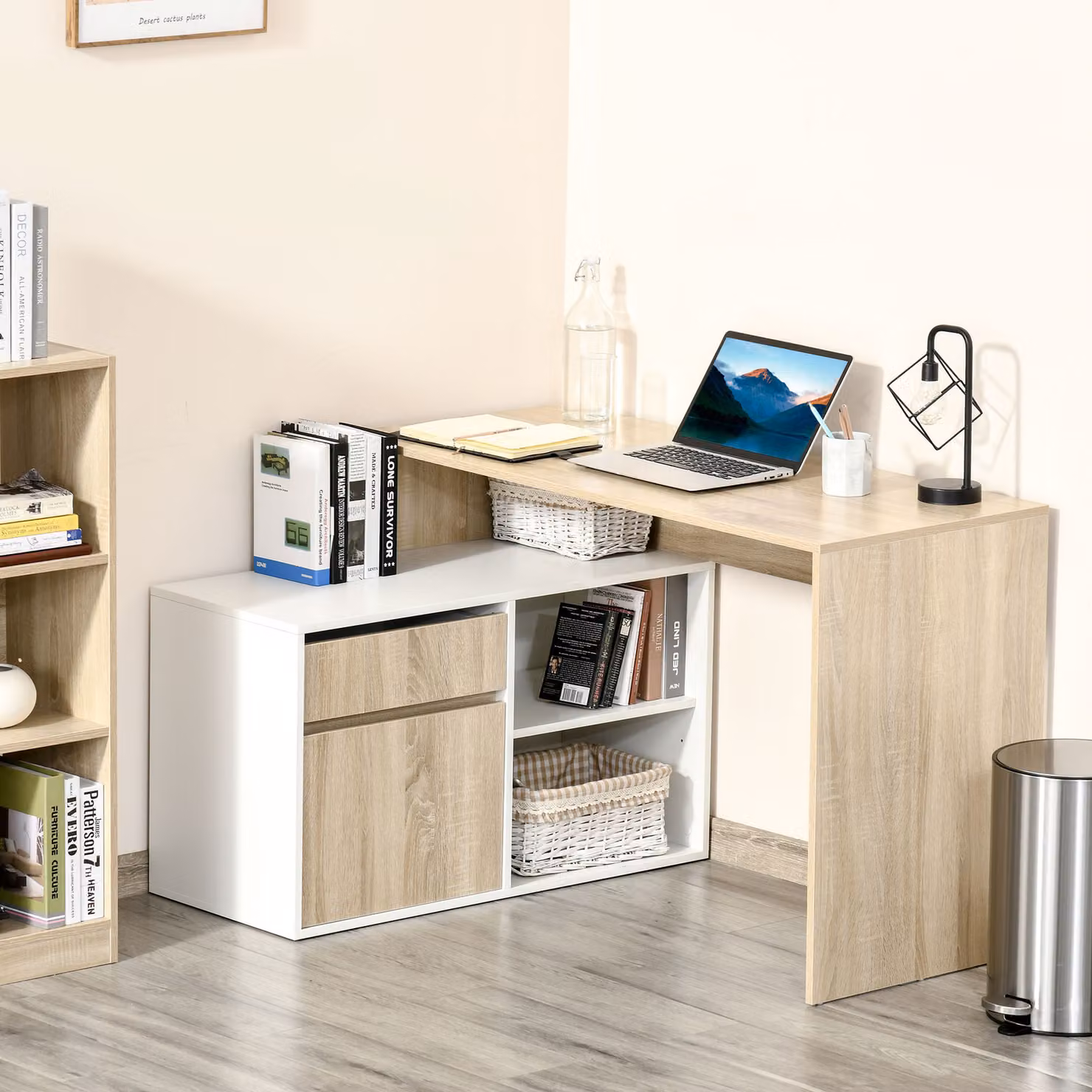 HOMCOM L-Shaped Corner Computer Desk in Oak and White with Storage Shelf and Drawer for your Home Office – 2