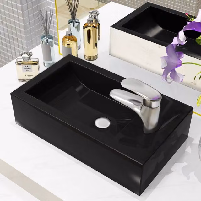 Berkfield Rectangular Ceramic Basin with Faucet Hole in Black, W: 46 cm, D: 25.5 cm, H: 12 cm – 1