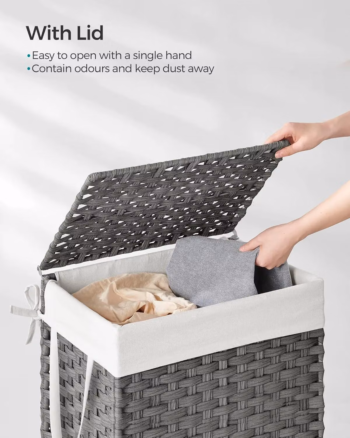 SONGMICS Large Fabric Laundry Storage Basket with Lid and Removable Bag, Grey – 3