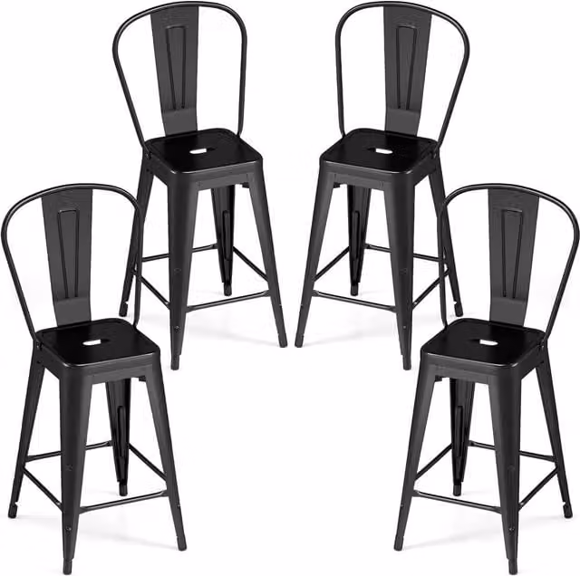 Costway Modern Black Metal Counter Height Barstools with Backrests and Footrests