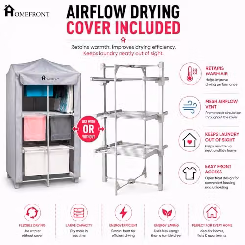 Homefront EcoDry Electric 3-Tier Heated Clothes Airer in Silver, Metal Folding Indoor Laundry Rack, 330W, W/D/H: 78 x 72 x 72 cm – 2