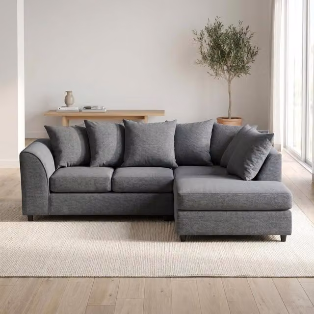 Abakus Direct Harriet Relaxed Linen L-Shape Corner Sofa with Chaise and Scatter Cushions in Grey (Right-Facing)