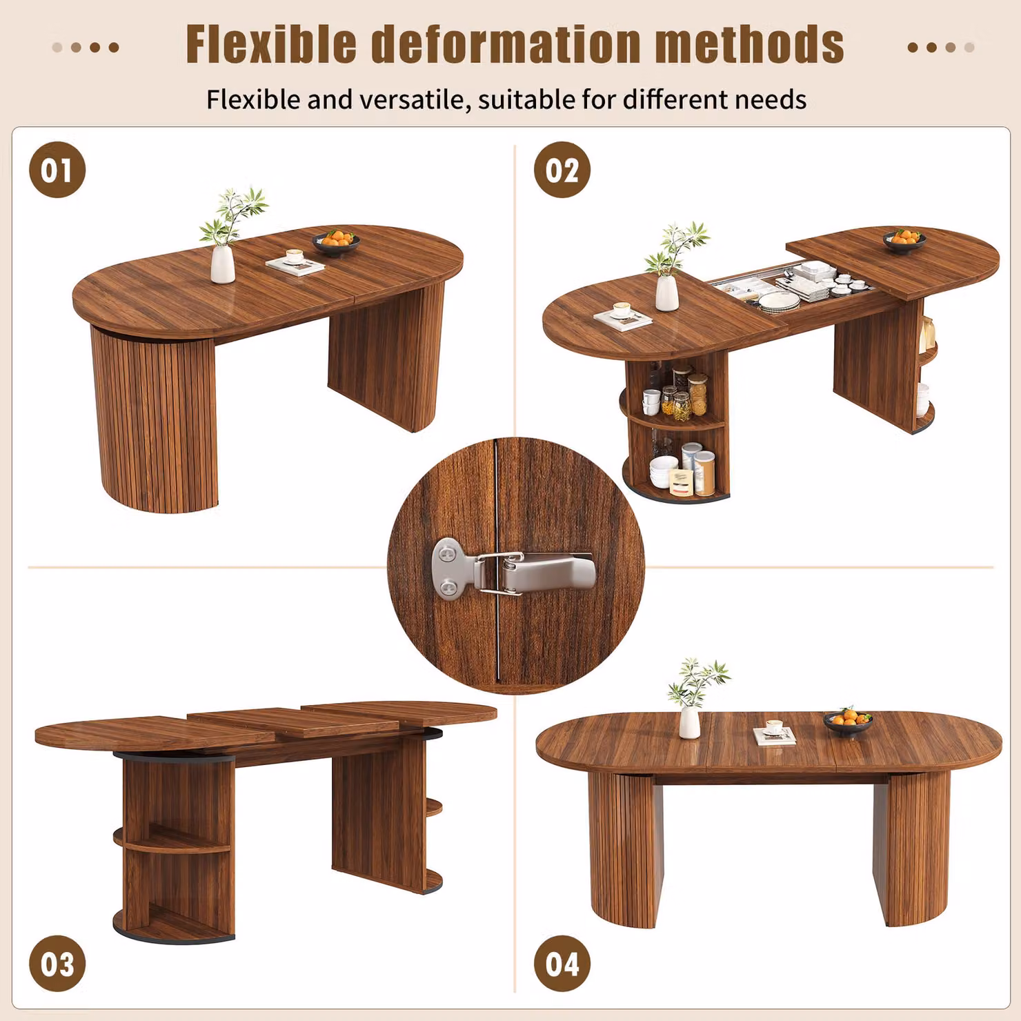 Aosom UK Extendable Walnut Dining Table with Vertically Grooved Legs and Storage Compartment, W: 80 cm, D: 160 cm, H: 76 cm – 4