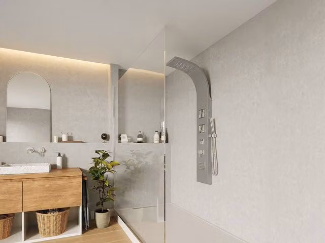 Vente-unique TYRA Hydromassage Shower Column with Rain and Massage Functions, Silver, W/D/H: 20 x 20 x 150 cm – 1