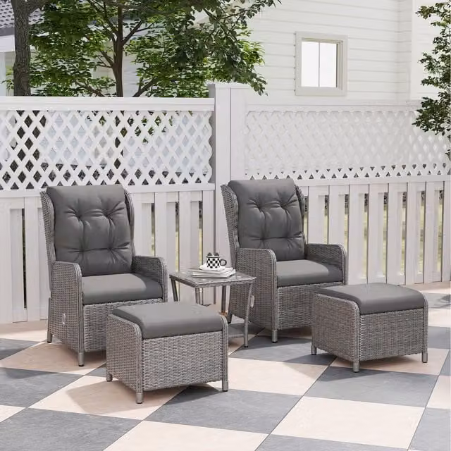 Outsunny Rattan Sun Lounger with Adjustable Headrest and Side Tray in Grey